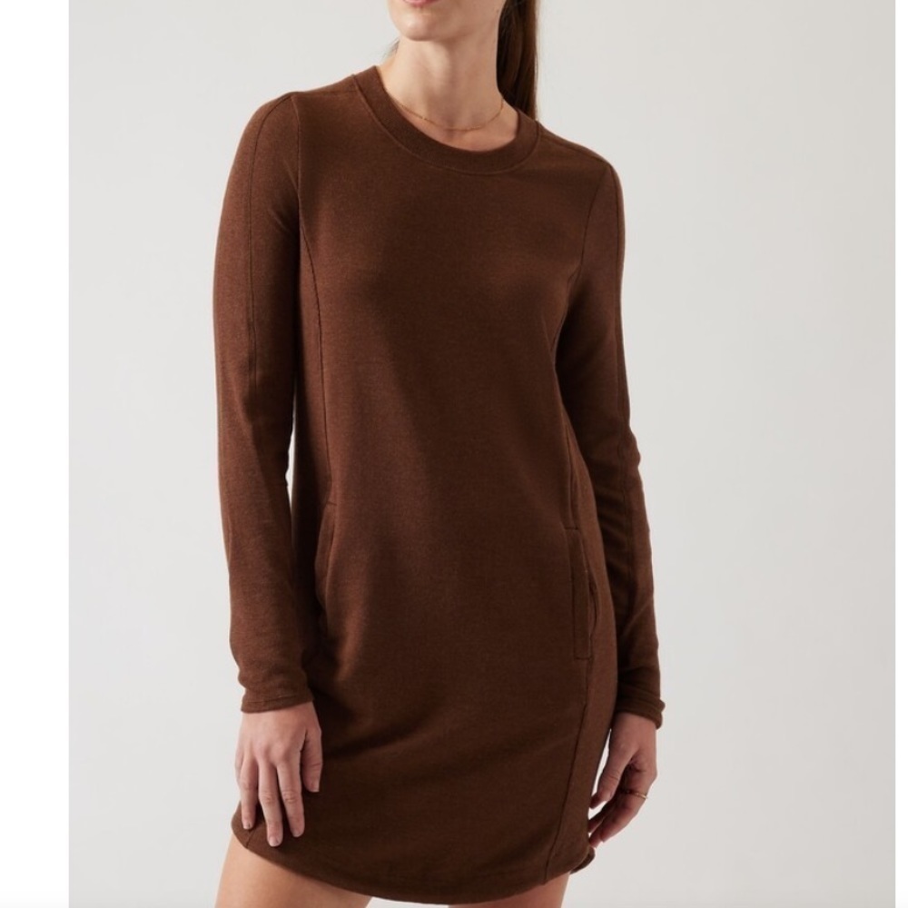 Athleta Women’s Balance Crewneck Sweater Dress Brown Pockets